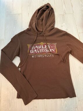 Harley-Davidson Brown Hooded Waffle Knit Pullover with Vintage Logo
